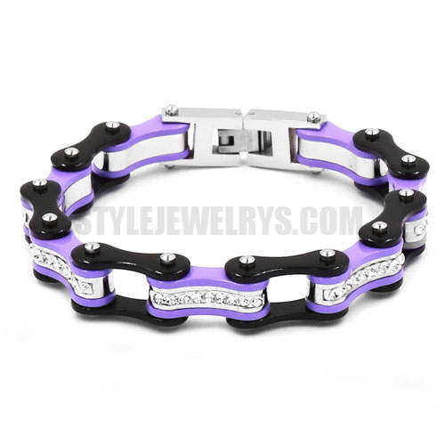 Stainless Steel Rhinestone Biker Bracelet Stainless Steel Jewelry Fashion Black and Violet Bicycle Chain Motor Bracelet SJB0311 - Click Image to Close
